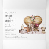 Boho Wedding Burgundy Pink Floral  Elements Drieluik Uitnodiging (Binnenkant midden)