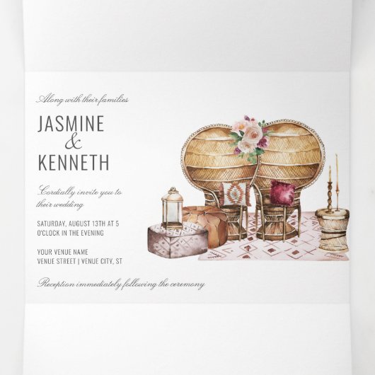 Boho Wedding Burgundy Pink Floral  Elements Drieluik Uitnodiging (Binnenkant midden)