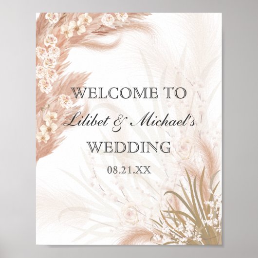 Boho Wedding Coral Roos Pampas Grass Waterverf Poster (Voorkant)