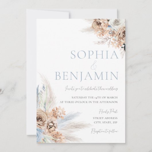 Boho Wedding: Dusty Blue en Ivory Bohemian Floral Kaart (Voorkant)