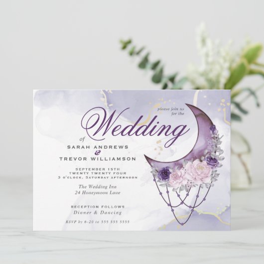 Boho Wedding Esoteric Amethyst Crescent Moon Kaart (Staand voorkant)