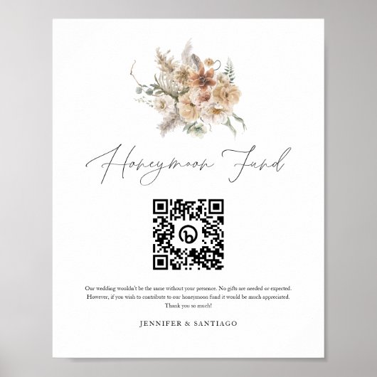 Boho Wedding Honeymoon Fund QR Code Sign. Poster (Voorkant)