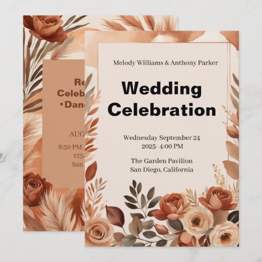 Boho Wedding Invitation | Terracotta Pampas Grass Kaart (Voorkant / Achterkant)
