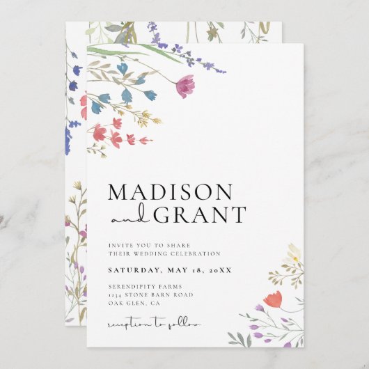 Boho Wedding Invitation, Wildflower Wedding Invite Kaart (Voorkant / Achterkant)
