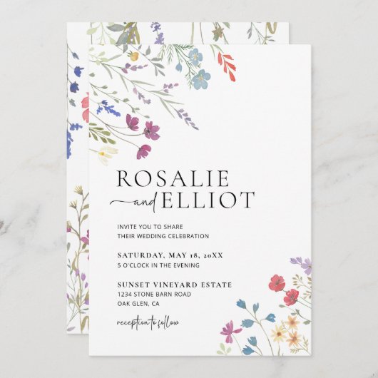 Boho Wedding Invitation, Wildflower Wedding Invite Kaart (Voorkant / Achterkant)