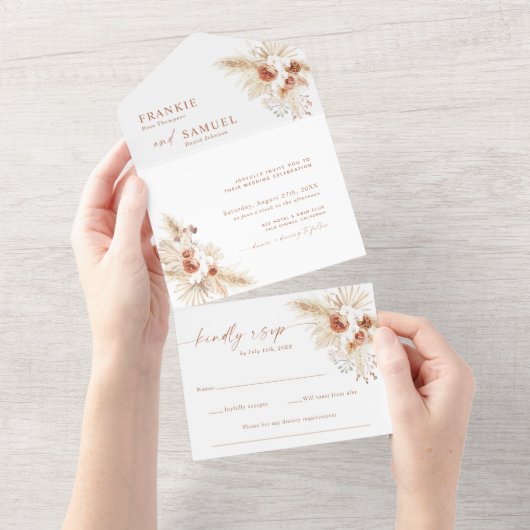 Boho Wedding Invite | Terracotta Pampas Grass All In One Uitnodiging (Afscheurbaar)
