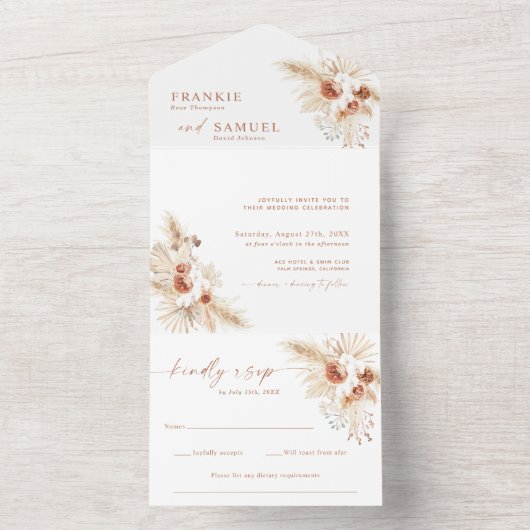 Boho Wedding Invite | Terracotta Pampas Grass All In One Uitnodiging (Binnen)