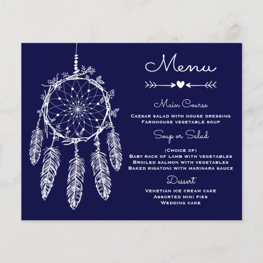 Boho Wedding Menu Navy Blue Dream Catcher (Voorkant)