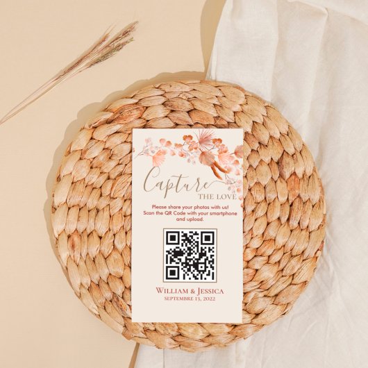 Boho Wedding Photo Sharing Pampas Grass QR Code Informatiekaartje