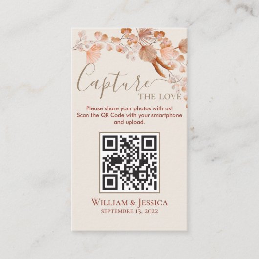 Boho Wedding Photo Sharing Pampas Grass QR Code Informatiekaartje (Voorkant)