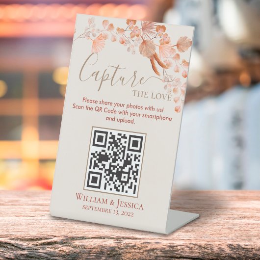 Boho Wedding Photo Sharing Pampas Grass QR Code Reclamebord Met Voetstuk