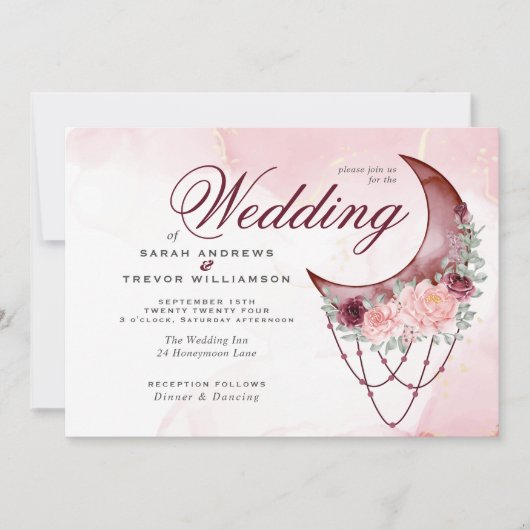 Boho Wedding Pink Crescent Moon All in One Kaart (Voorkant)
