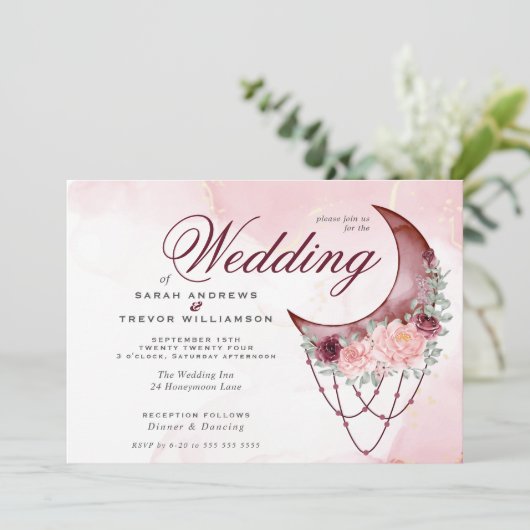 Boho Wedding Pink Crescent Moon Mandala Kaart (Staand voorkant)