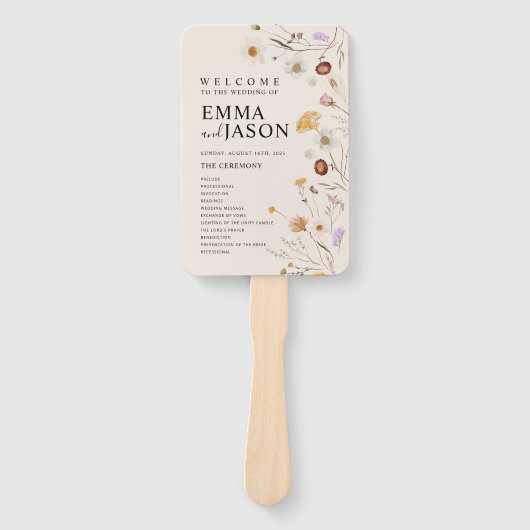 Boho Wedding Program fan, Ceremony Program floral Handwaaier (Voorkant)