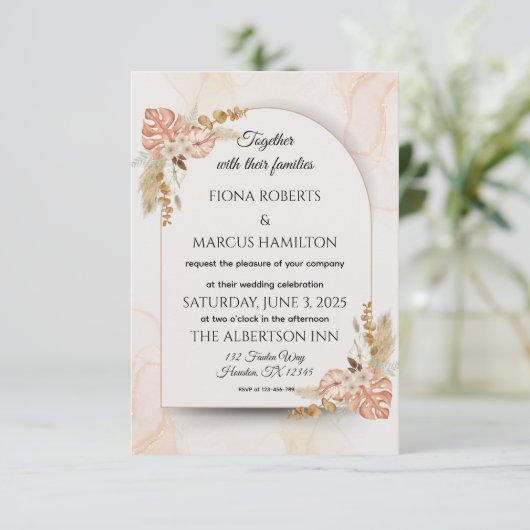 Boho Wedding RSVP Kaart – Elegante rustieke Bloeme (Staand voorkant)