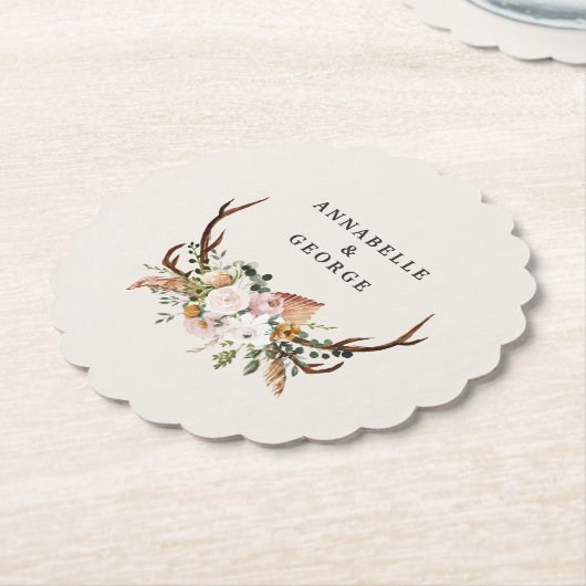 Boho Wedding Rustic Antler Floral Wedding Monogram Kartonnen Onderzetters (Gekanteld)