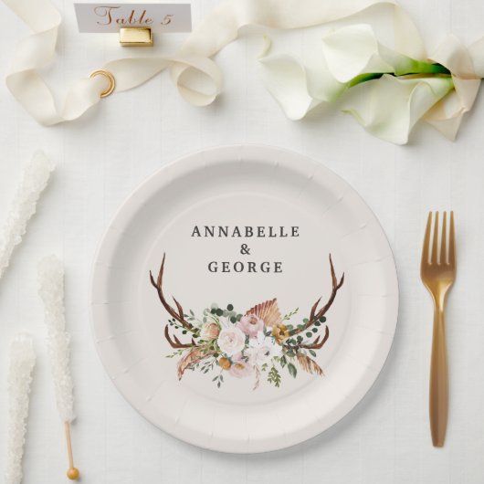 Boho Wedding Rustic Antler Floral Wedding Monogram Papieren Bordje (Huwelijk)