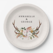 Boho Wedding Rustic Antler Floral Wedding Monogram Papieren Bordje (Voorkant)