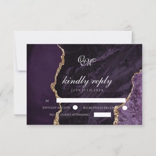 Boho Wedding Scrip Agaat Paarse en Goud RSVP Kaartje (Voorkant)