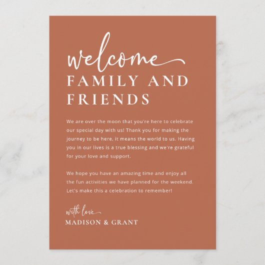 Boho Wedding Welcome Bag Letter Timeline Kaart (Voorkant)