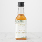 Boho weelderige eucalyptus groen en gouden bruilof likeurfles etiket (Voorkant)