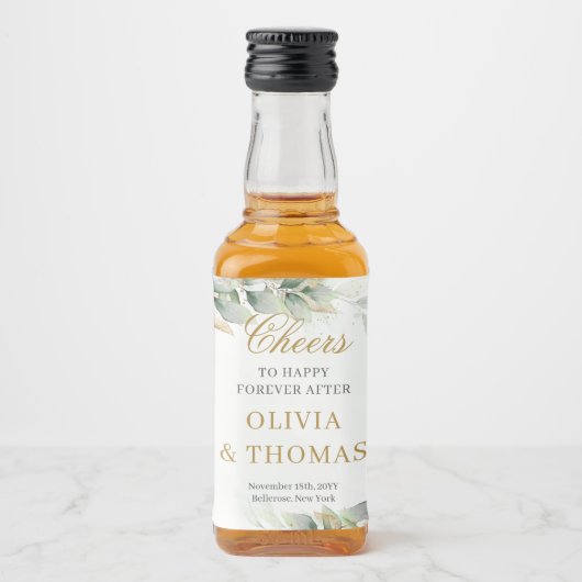 Boho weelderige eucalyptus groen en gouden bruilof likeurfles etiket (Voorkant)