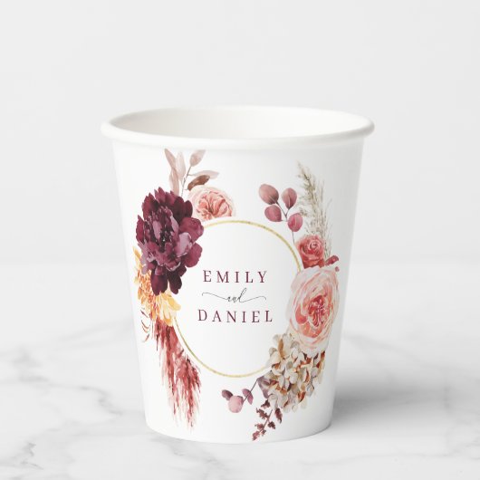 Boho Weelderige Pampasgras Bruiloft Bruidsfeest Pa Papieren Bekers (Voorkant)