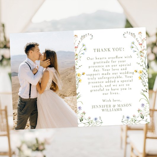Boho Weide Bloem Delicate Trouwfoto Bedankkaart