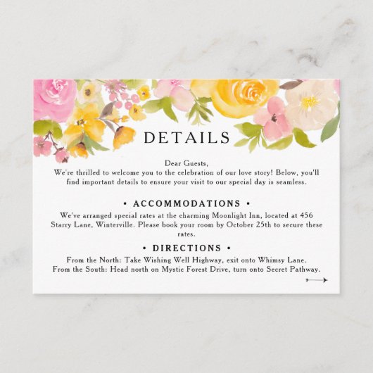 Boho weide geel bloemig Bruiloft details Informatiekaartje (Voorkant)
