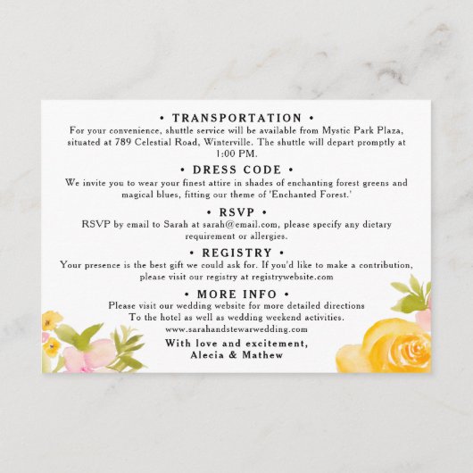 Boho weide geel bloemig Bruiloft details Informatiekaartje (Achterkant)