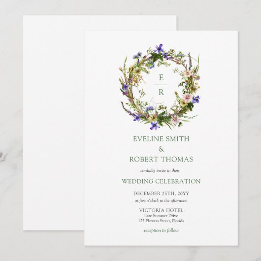 Boho weide wilde bloemen krans monogram kaart (Voorkant / Achterkant)