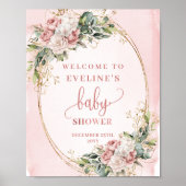 Boho Welcome Blush Pink Flowers Baby Shower Sign Poster (Voorkant)