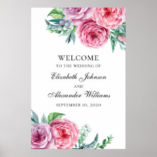 Boho welkom bord afdruk. Trouwen roze bloemen Poster