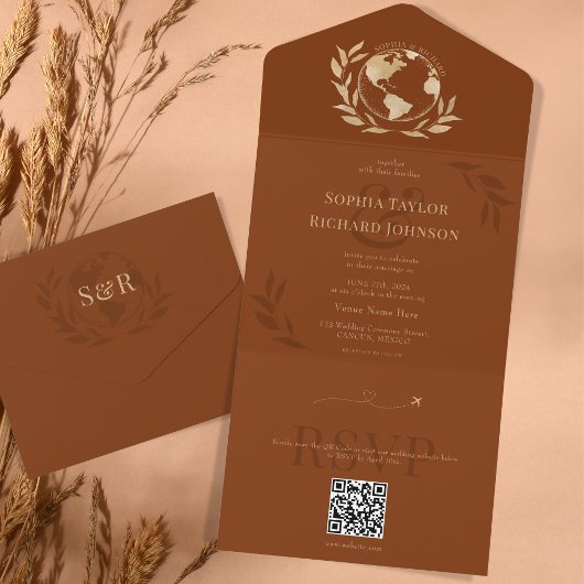 Boho Wereldkaart Burnt Oranje Destination Wedding All In One Uitnodiging