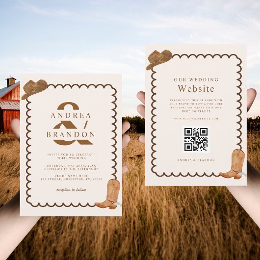 Boho Western Ampersand Wavy Lijst Qr Code Bruiloft Kaart