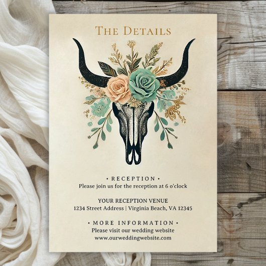 Boho Western Bloemenstier Koe Schedel Trouwdetails Informatiekaartje