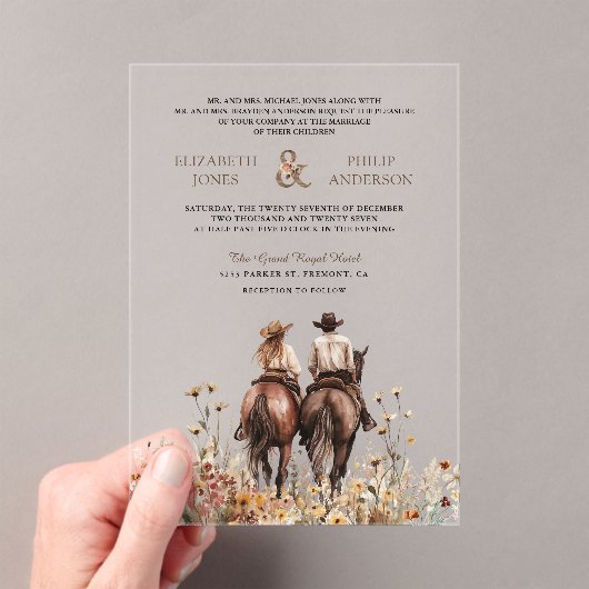 Boho Western Couple Riding Horse Wedding Acryl Uitnodigingen (Insitu (Draagbaar))