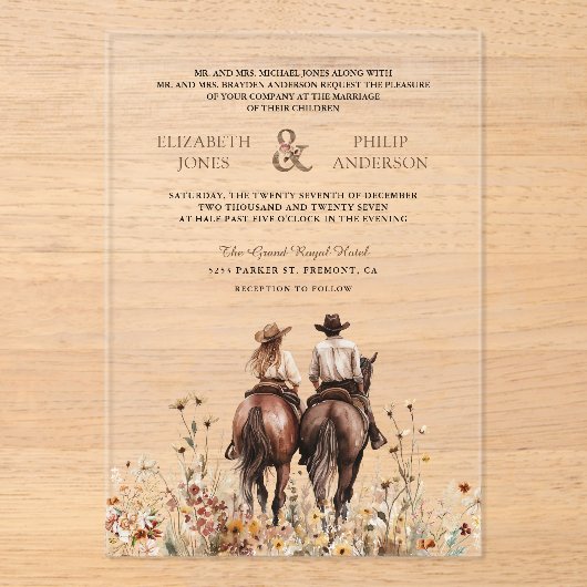 Boho Western Couple Riding Horse Wedding Acryl Uitnodigingen (Voorkant)