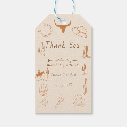 Boho Western Cowboy Illustratie Bruiloft Cadeaulabel (Voorkant)