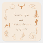 Boho Western Cowboy Illustratie Bruiloft Vierkante Sticker (Voorkant)