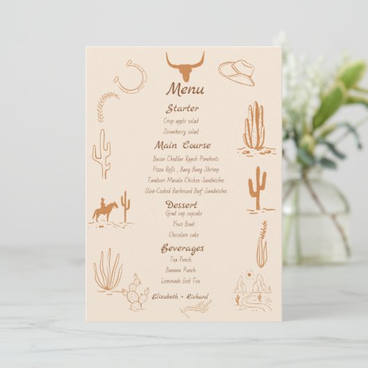 Boho Western Cowboy Illustratie Trouwen Menu (Staand voorkant)