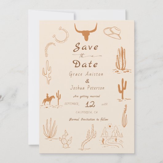 Boho Western Cowboy Illustration Wedding Save The Date (Voorkant)