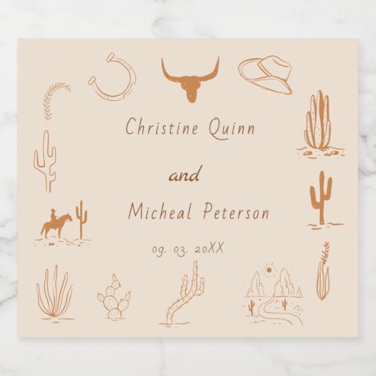 Boho Western Cowboy Illustration Wedding Sparkling Wijnetiket (Enkel label)