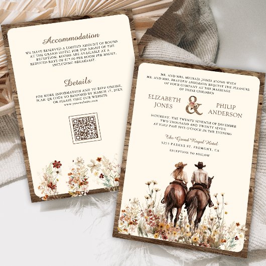 Boho Western Paar Rijden Paard QR Code Huwelijk Kaart