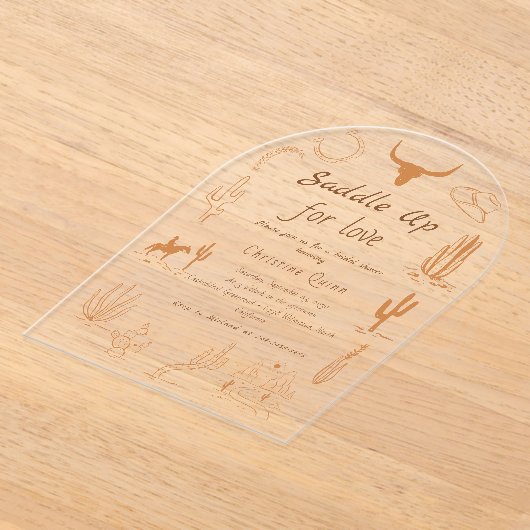 Boho Western Saddle up Cowboy Vrijgezellenfeest Acryl Uitnodigingen (Laagn)