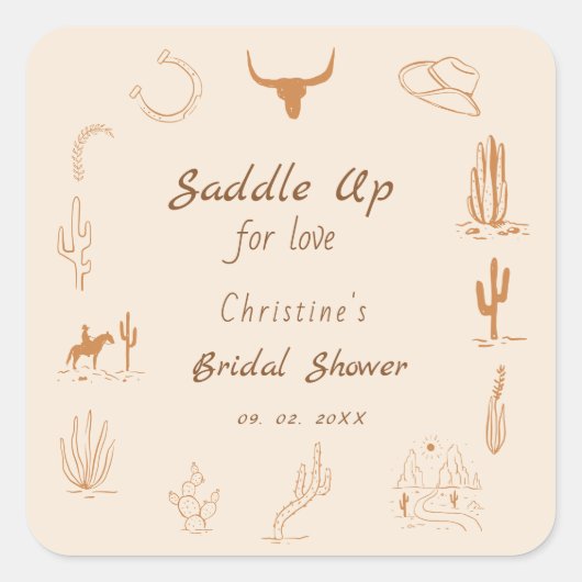 Boho Western Zadel op Cowboy Bruids-shower Vierkante Sticker (Voorkant)