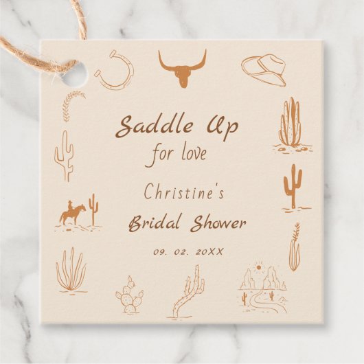 Boho Western Zadel op Cowboy Bruidsdouche Bedankjes Labels (Voorkant)