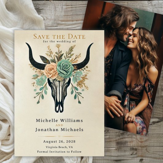 Boho Westerne Bloemenstier Koe Schedel Trouwfoto Save The Date