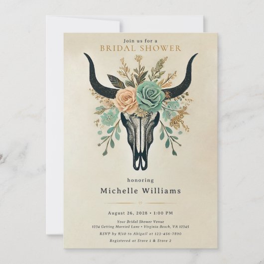 Boho Westerne Bloemenstier Koe Schedel Vrijgezelle Kaart (Voorkant)