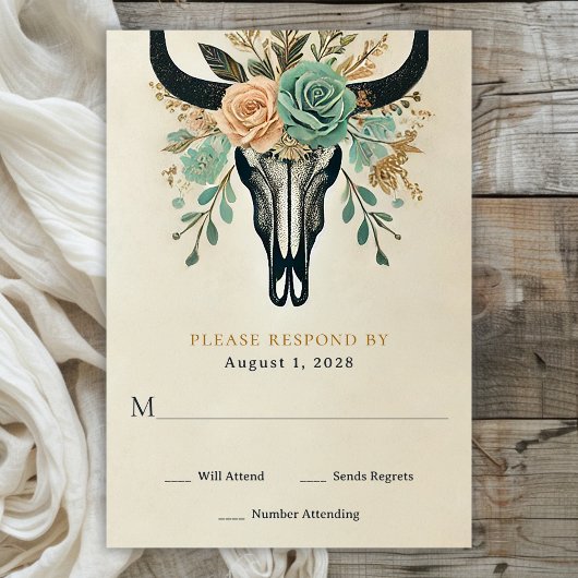Boho Westerne Bloemenstier Koe Schedel Wedding RSVP Kaartje